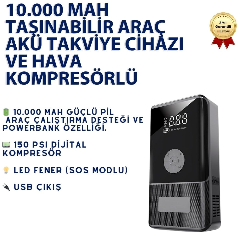 10.000 mAh Araç Akü Takviye Cihazı & Kompresör 150 PSI Dijital Ekran Jump Starter Powerbank LED Fener