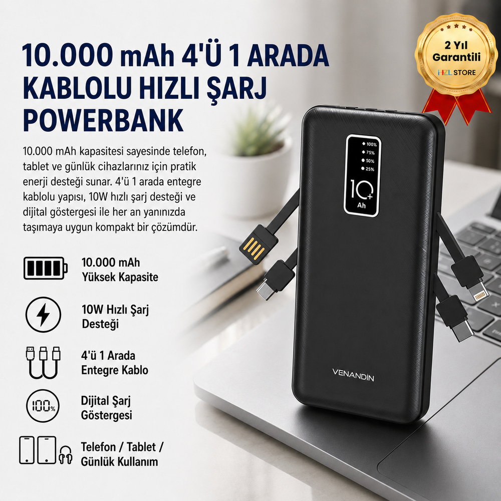 Powerbank 10.000 mAh Hızlı Şarj Destekli, 4ü 1 Arada Entegre Kablolu Taşınabilir Şarj Cihazı