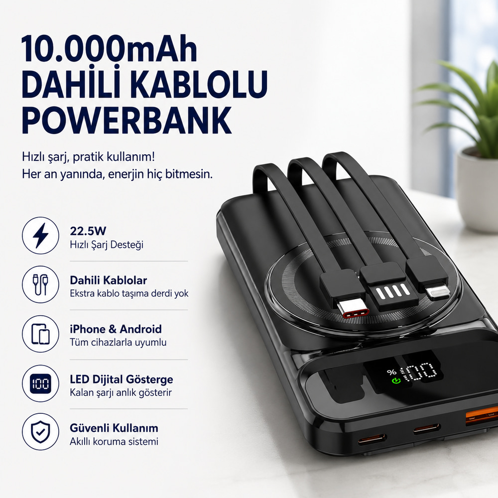 10.000mAh Manyetik Dahili Kablolu Powerbank Hızlı Şarjlı Dijital Göstergeli Taşınabilir Şarj Cihazı