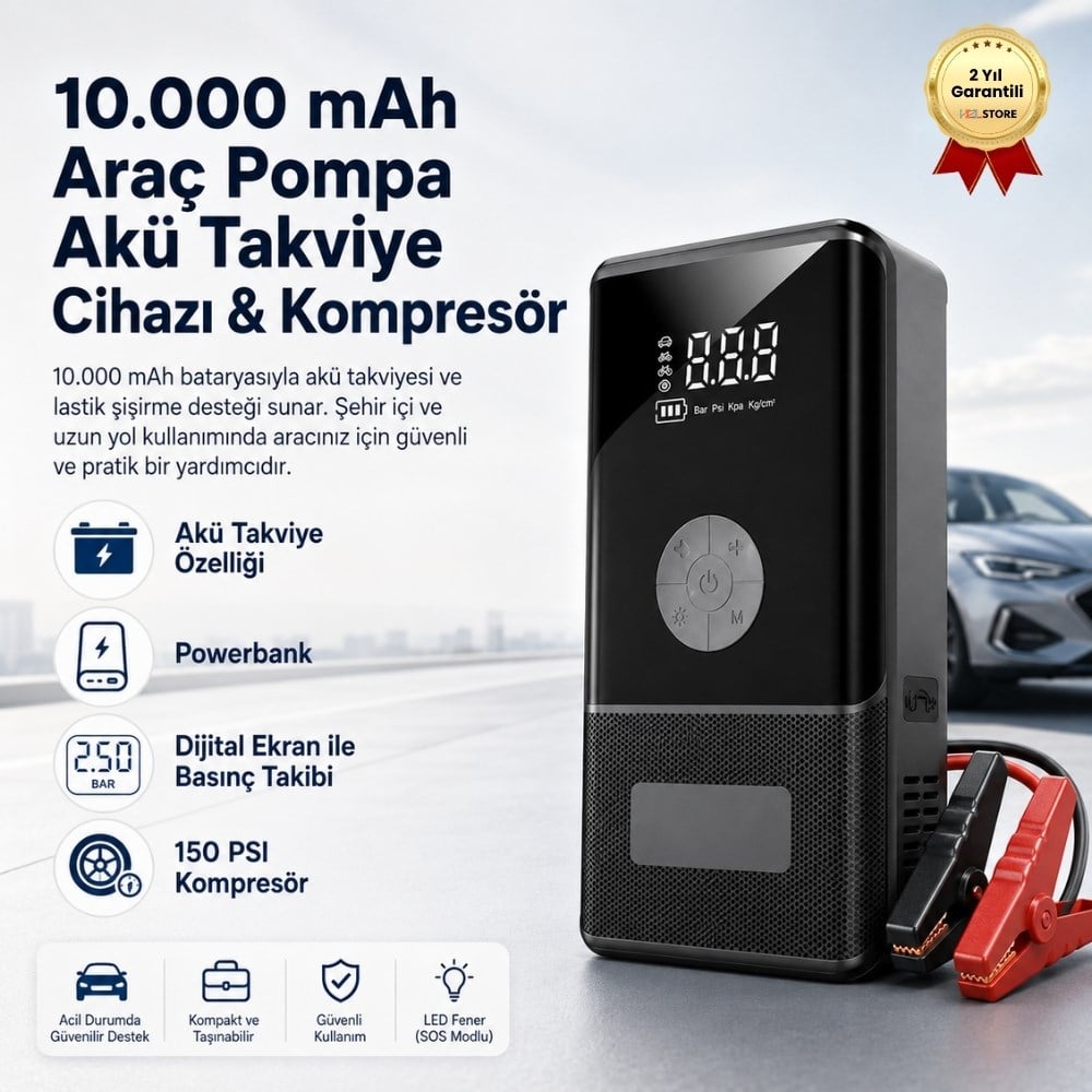 10.000 mAh Araç Pompa Akü Takviye Cihazı & Kompresör 150 PSI Dijital Ekran Jump Starter Powerbank LED Fener