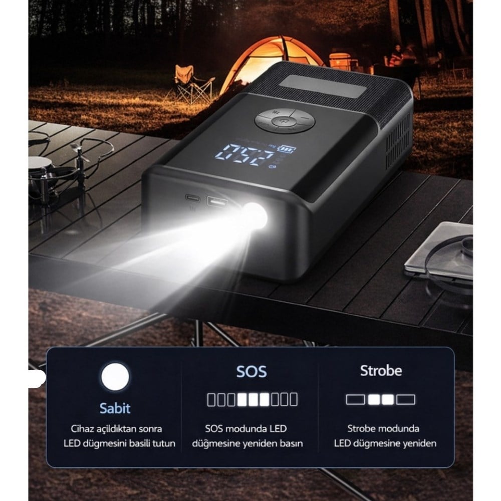 10.000 mAh Araç Akü Takviye Cihazı & Kompresör 150 PSI Dijital Ekran Jump Starter Powerbank LED Fener