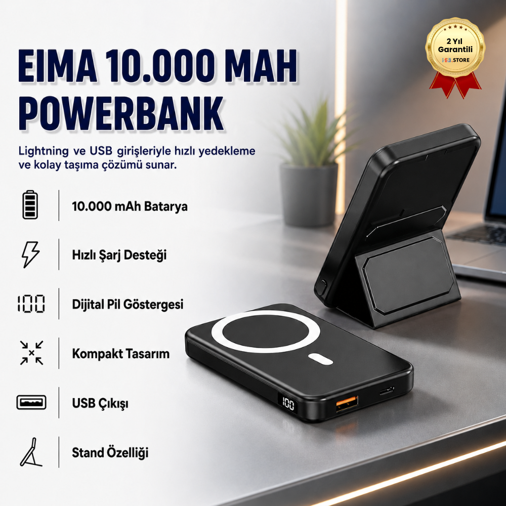 10.000mAh Dijital Göstergeli Taşınabilir 22.5W Hızlı Şarjlı Telefon Standlı Powerbank 200g Hafiflikte Ofis, Seyahatte, Alışverişte Kullanıma Uygun Şık Magsafe Powerbank