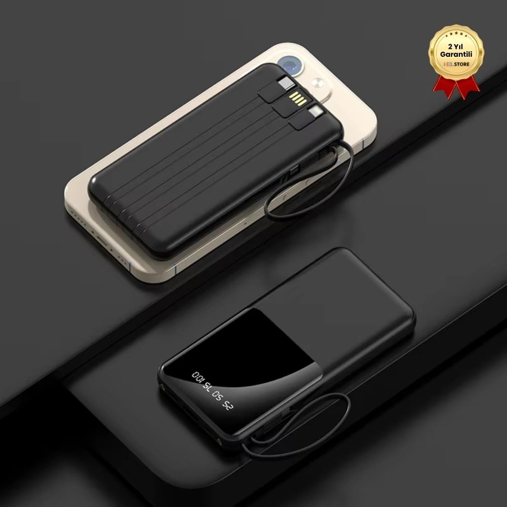 10.000mAh LED Ekranlı Dahili Kablo Powerbank 22.5W Hızlı Şarjlı Ultra İnce Tasarım Taşınabilir Powerbank