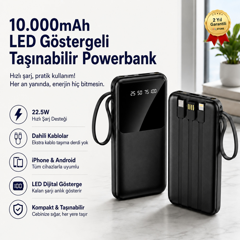 10.000mAh LED Ekranlı Dahili Kablo Powerbank 22.5W Hızlı Şarjlı Ultra İnce Tasarım Taşınabilir Powerbank