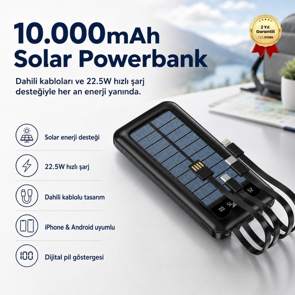 10.000mAh Solar Powerbank Dahili Kablolu 22.5W Hızlı Şarj iPhone Android Uyumlu Taşınabilir Şarj Cihazı