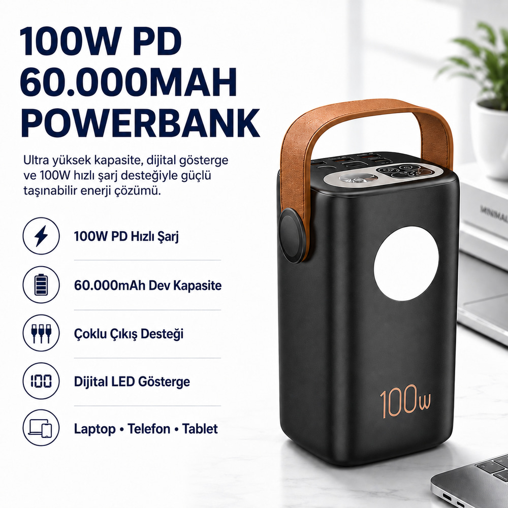100W PD 60000mAh   Ultra Yüksek Kapasiteli Çoklu Çıkışlı Dijital Göstergeli Hızlı Şarj Powerbank