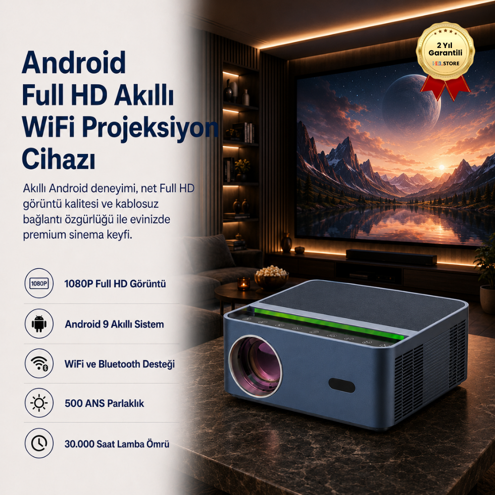 1080P HD Android Sistemli Wifi Bluetooth 150 inch Hoparlörlü HDMI 500 ANS Akıllı Projeksiyon Cihazı