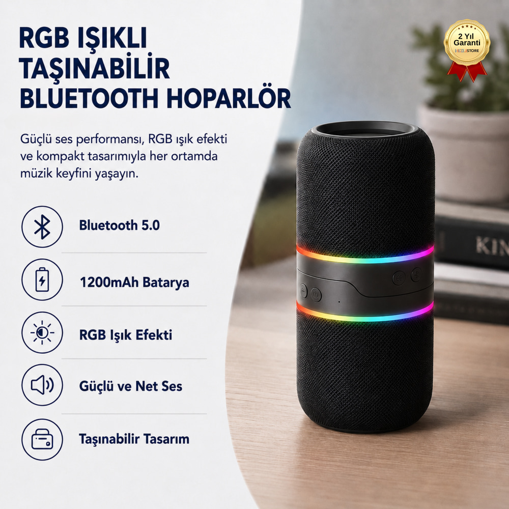 1200mAh Bataryalı RGB Işıklı Bluetooth 5.0 TWS Taşınabilir Kablosuz Hoparlör