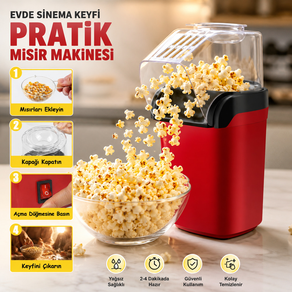 1200W Yağsız Popcorn Makinesi Ölçü Kaplı Ev Tipi Patlamış Mısır Makinesi