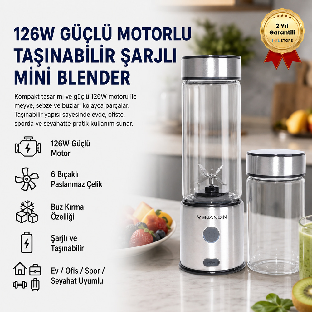 126W Güçlü Motorlu Taşınabilir Şarjlı Mini Blender 6 Bıçaklı Paslanmaz Çelik Buz Kırmalı Blender