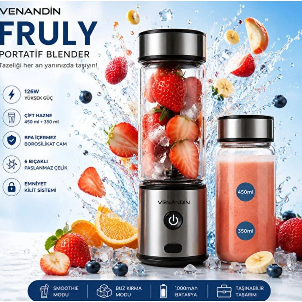 126W Güçlü Motorlu Taşınabilir Şarjlı Mini Blender 6 Bıçaklı Paslanmaz Çelik Buz Kırmalı Blender