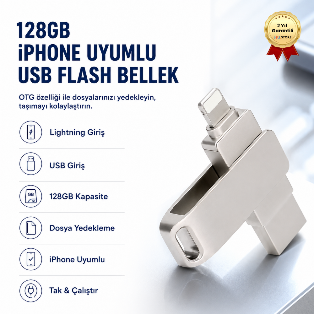 128GB iPhone Uyumlu USB Flash Bellek OTG Lightning ve USB Girişli Yedekleme ve Taşıma