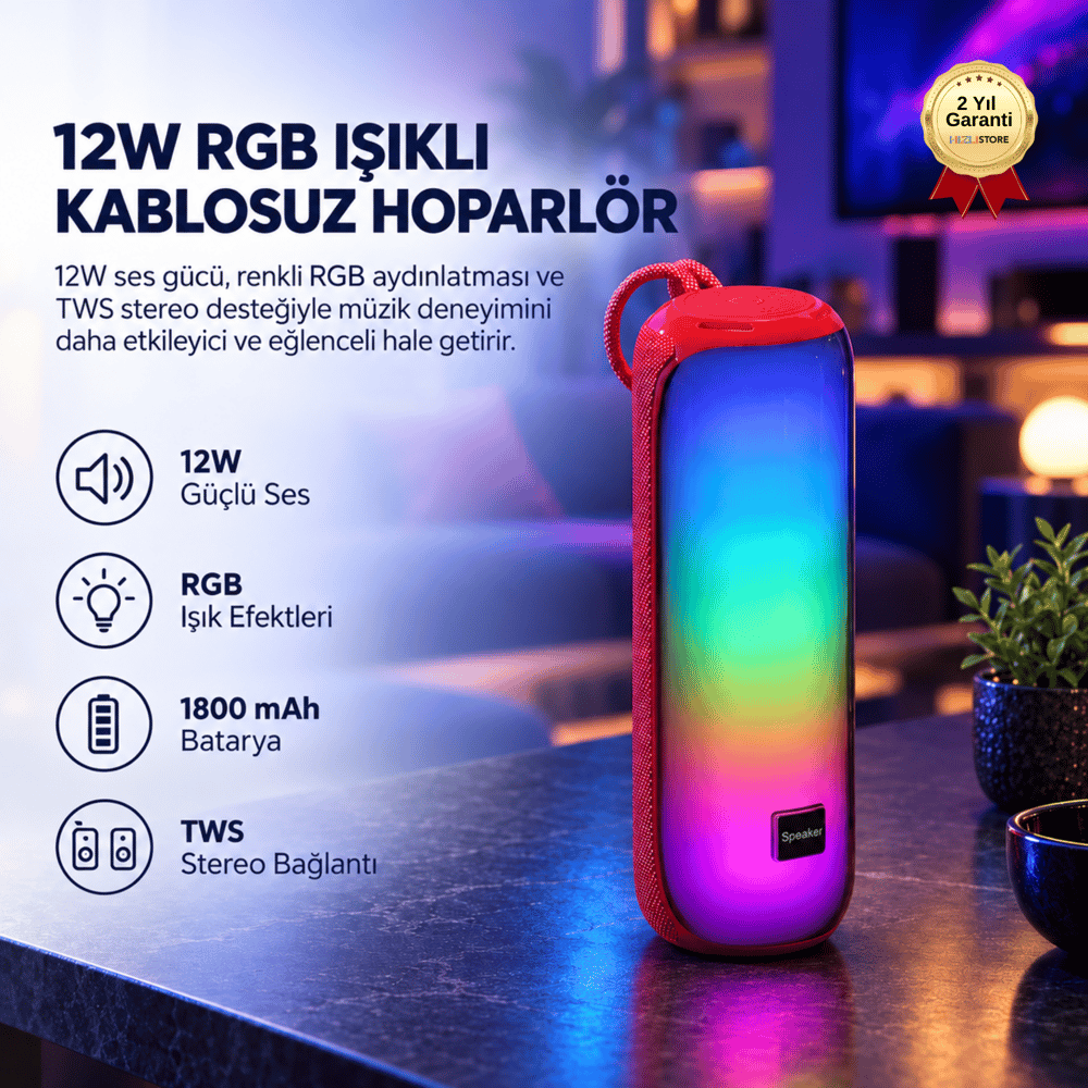 12W RGB Işıklı Kablosuz Hoparlör 1800 mAh TWS Stereo