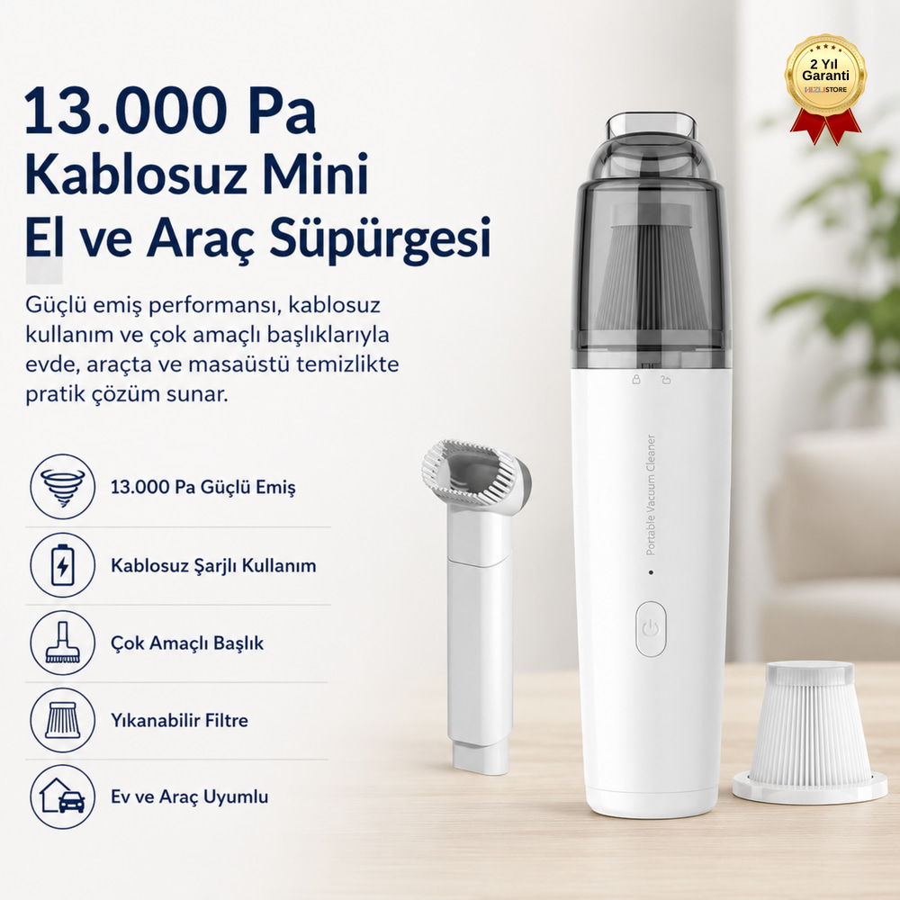 13.000 Pa Güçlü Emiş Kablosuz Şarjlı Taşınabilir Mini El ve Araç Süpürgesi