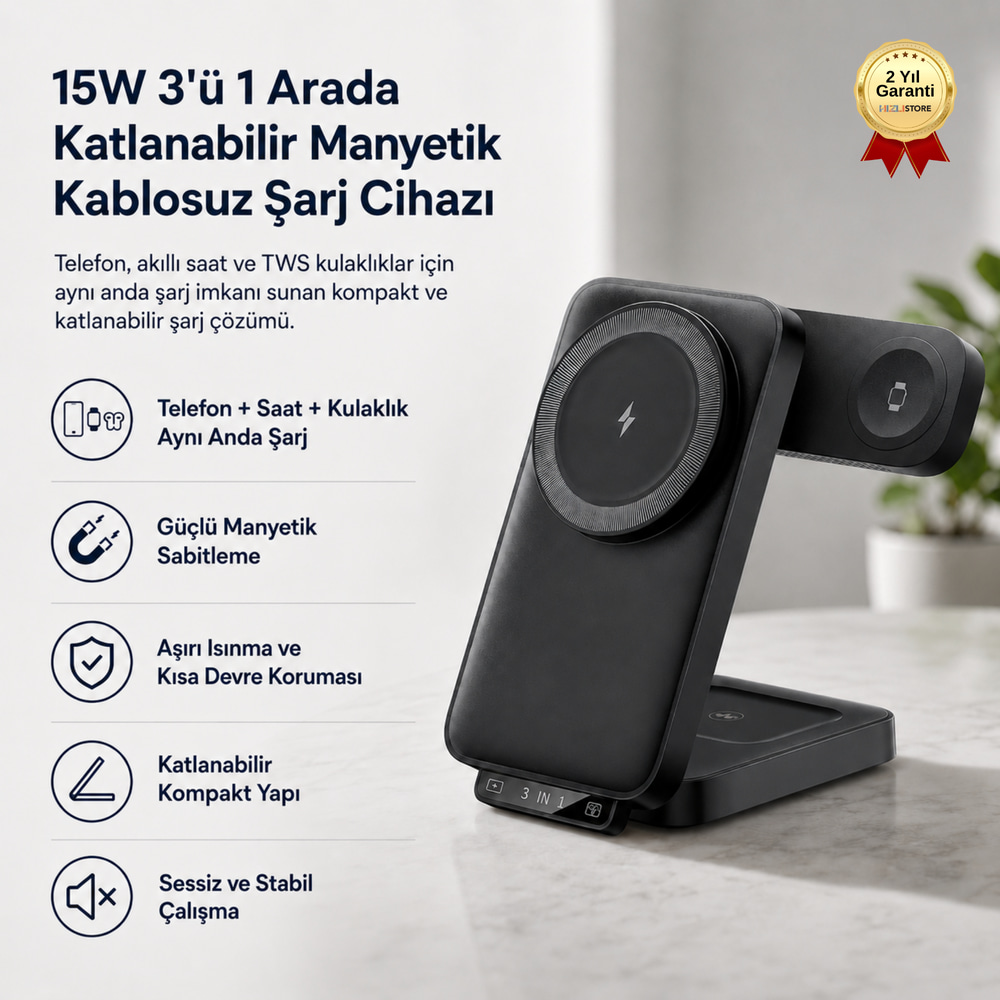 15W 3ü 1 Arada Katlanabilir Manyetik Kablosuz Şarj Cihazı Telefon Akıllı Saat ve TWS Kulaklık Şarj Standı