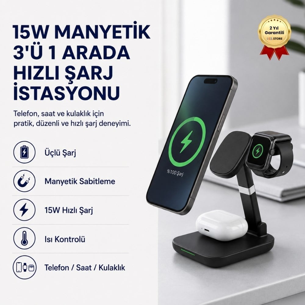 15W Manyetik 3ü 1 Arada Hızlı Şarj İstasyonu -Tüm Akıllı Telefonlar, İphone Watch ve AirPods Uyumlu Şarj Standı