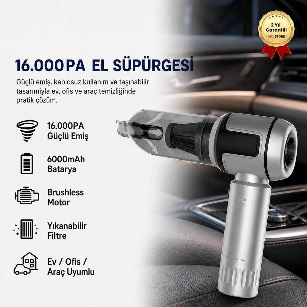 16.000PA Güçlendirilmiş Pil Portatif Fırçasız Motorlu Araç Süpürgesi Ev Ofis Uyumlu 6000mAh Bataryalı