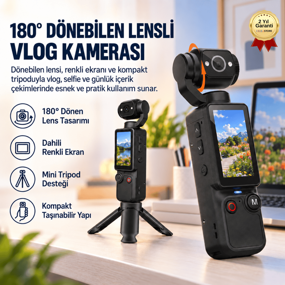 180° Döner Lensli Ekranlı Vlog Kamerası Taşınabilir Mini Video Kayıt Cihazı