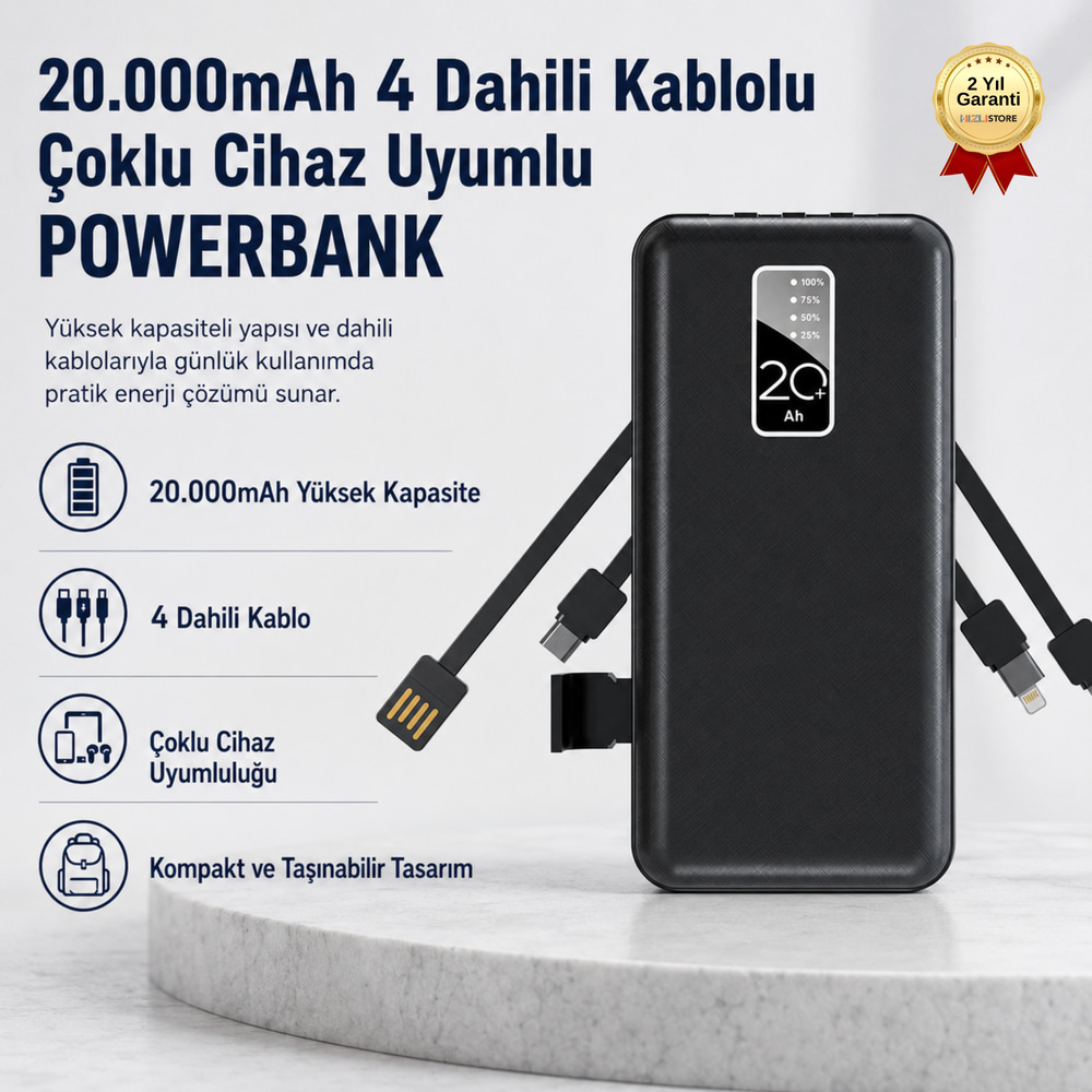 Powerbank 20.000mAh 4 Dahili Kablolu Çoklu Cihaz Uyumlu Taşınabilir Sarj Cihazı