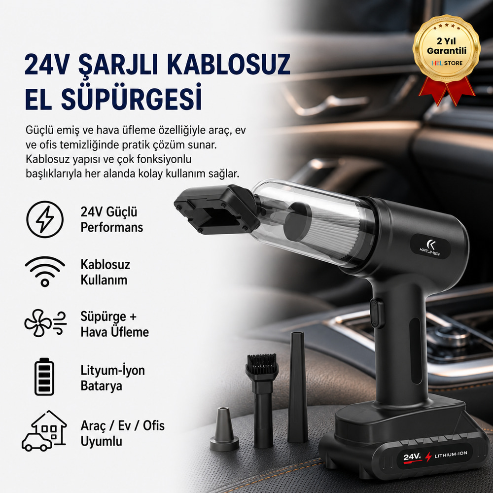 24V Şarjlı Kablosuz El Süpürgesi ve Hava Üfleme Cihazı ,Çok Fonksiyonlu Başlıklı Güçlü Araç Temizleyici