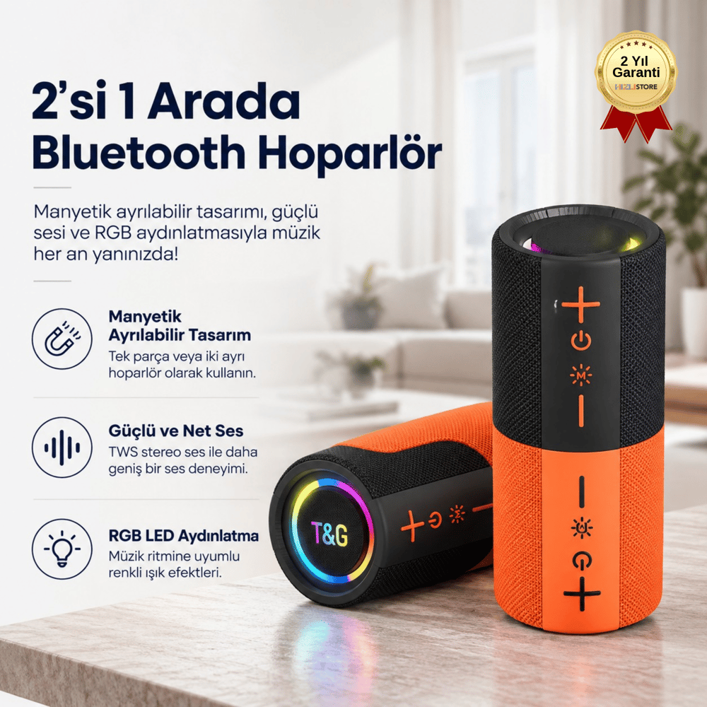 2si 1 Arada Manyetik Ayrılabilir Bluetooth Hoparlör – RGB Işıklı, TWS Stereo Ses Sistemli Taşınabilir Kablosuz Speaker
