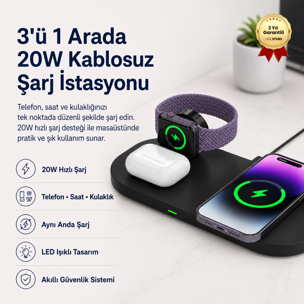 3-1 Arada 20W Hızlı Şarj Kablosuz Wireless LED Işıklı Iphone Apple Watch Airpods Şarj Stand Şarj Aleti 