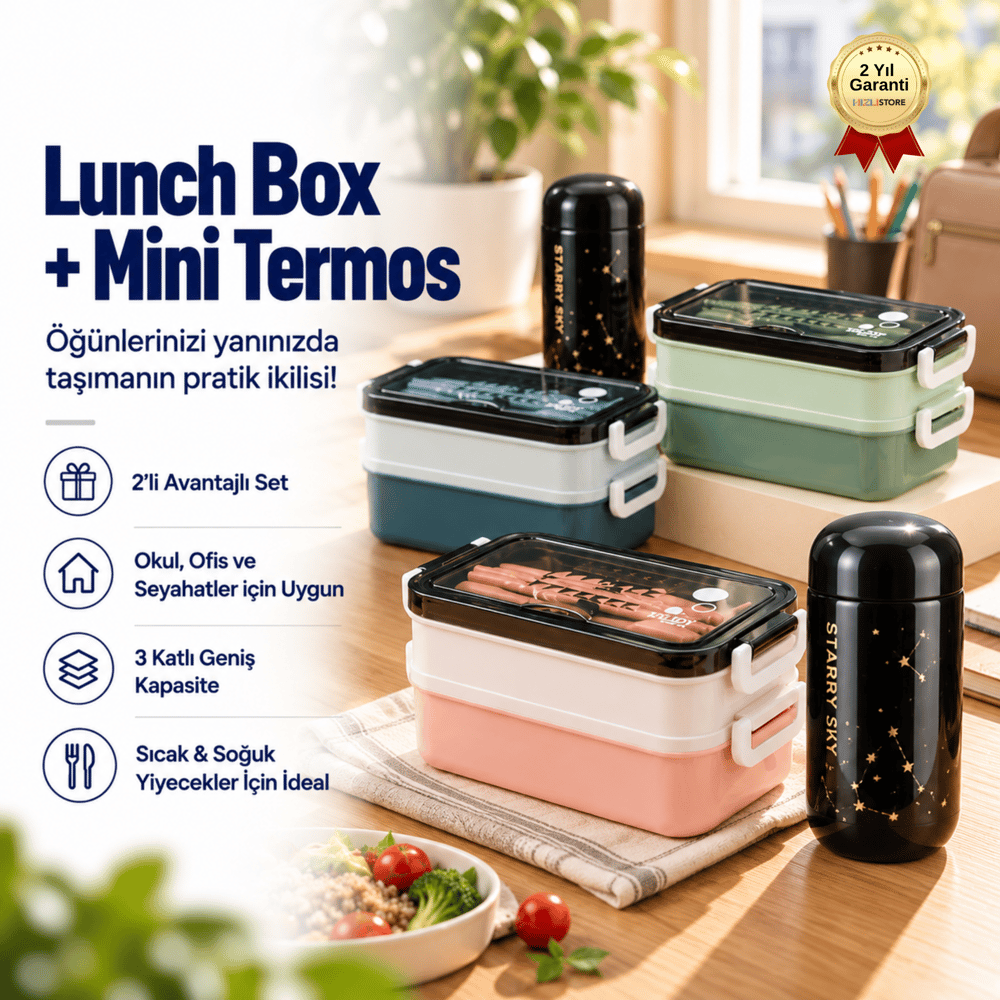 3 Katlı Lunch Box 200 ml Mini Termos Seti – Isı Yalıtımlı Yemek Kabı ve Paslanmaz Çelik Termos 