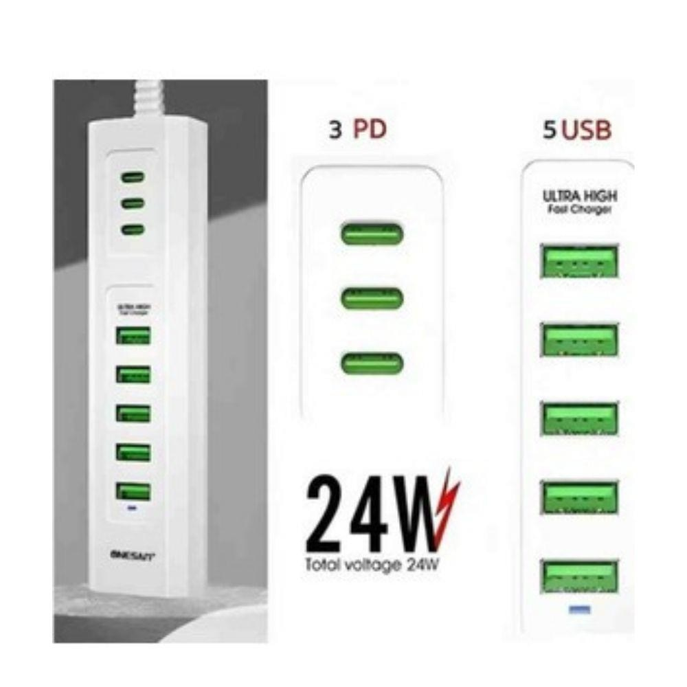 Priz 3 Type-C + 5 USB Girişli 24W Hızlı Şarj Cihazı Çoklu Soket Akım Korumalı Adaptör