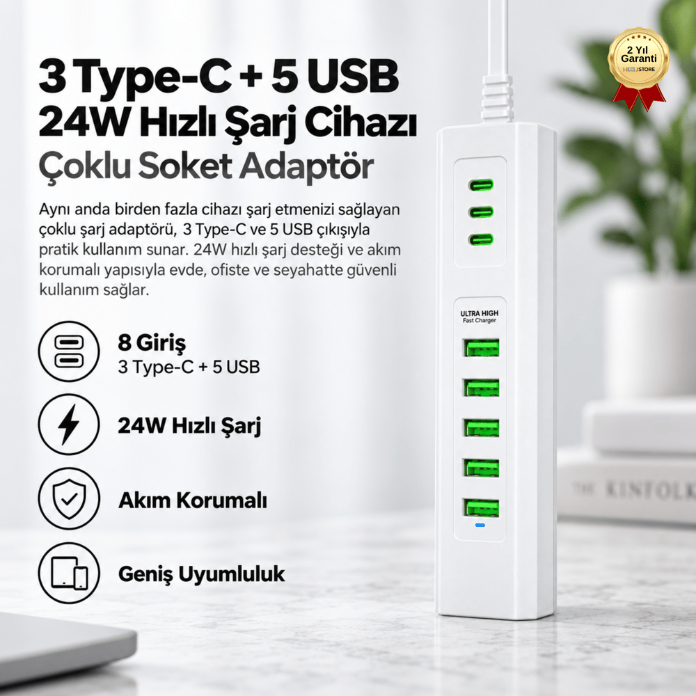 Priz 3 Type-C + 5 USB Girişli 24W Hızlı Şarj Cihazı Çoklu Soket Akım Korumalı Adaptör