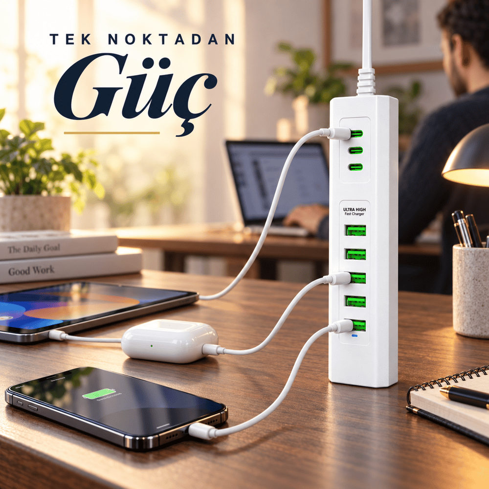 3 Type-C + 5 USB Girişli 24W Hızlı Şarj Cihazı Çoklu Soket Akım Korumalı Adaptör
