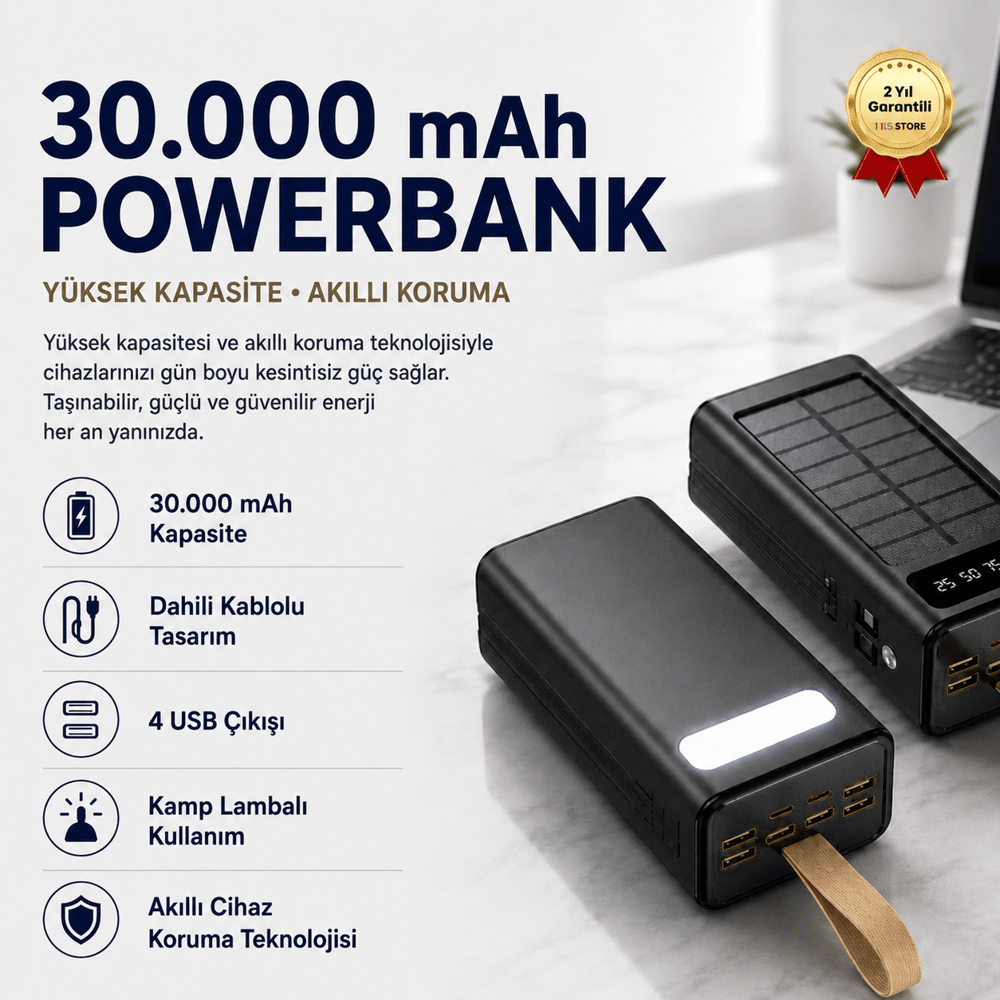 Powerbank 30,000 mAh Dijital Ekranlı Hızlı Şarj Dahili Kablolu Taşınabilir Şarj Cihazı