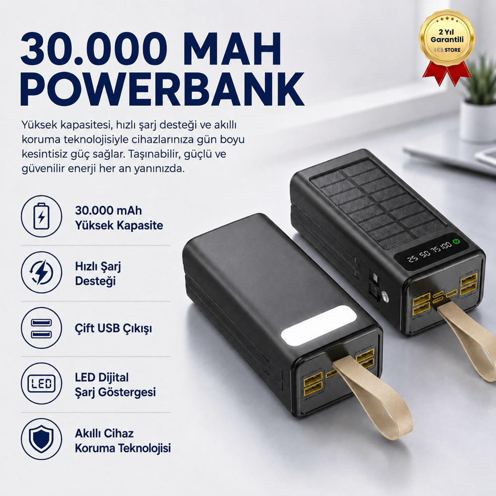 Powerbank 30,000 mAh Ultra Güçlü Taşınabilir Powerbank Hızlı Şarj Dahili Kablolu LED Gösterge Taşınabilir Şarj Cihazı