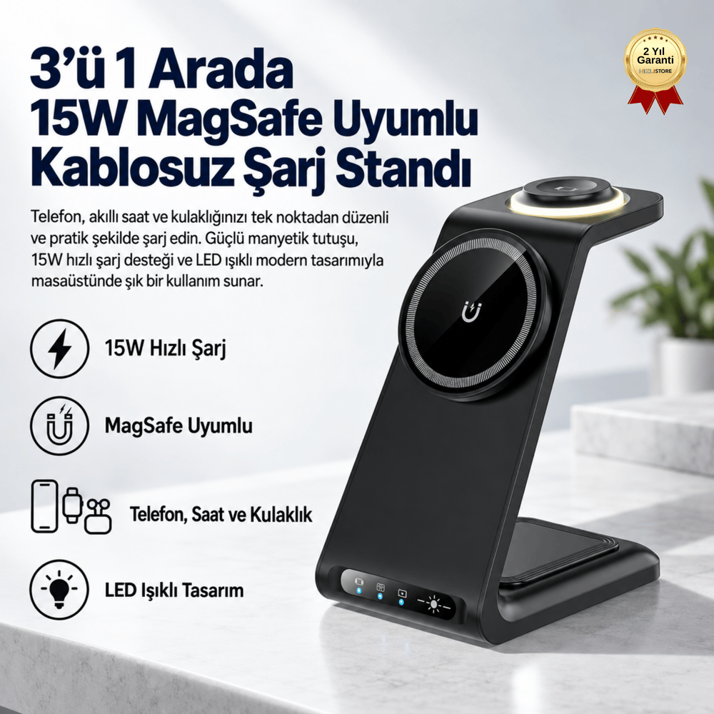3ü 1 Arada 15W MagSafe Uyumlu Kablosuz Şarj Standı – Telefon, Akıllı Saat ve Kulaklık Şarj İstasyonu