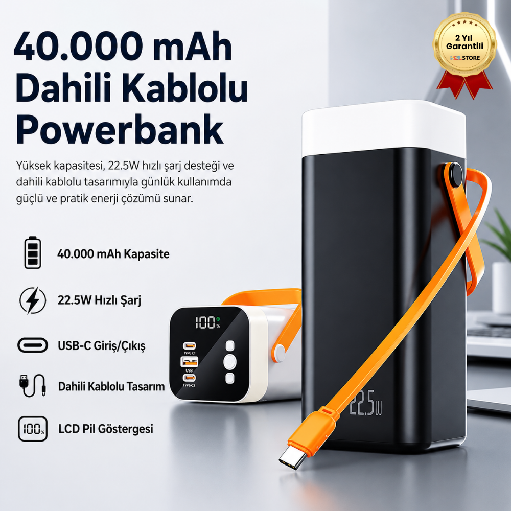 Powerbank 40.000mAh Dahili Kablolu 22.5W Hızlı Şarj, USB-C Giriş/Çıkışlı LCD Göstergeli Taşınabilir Şarj Cihazı
