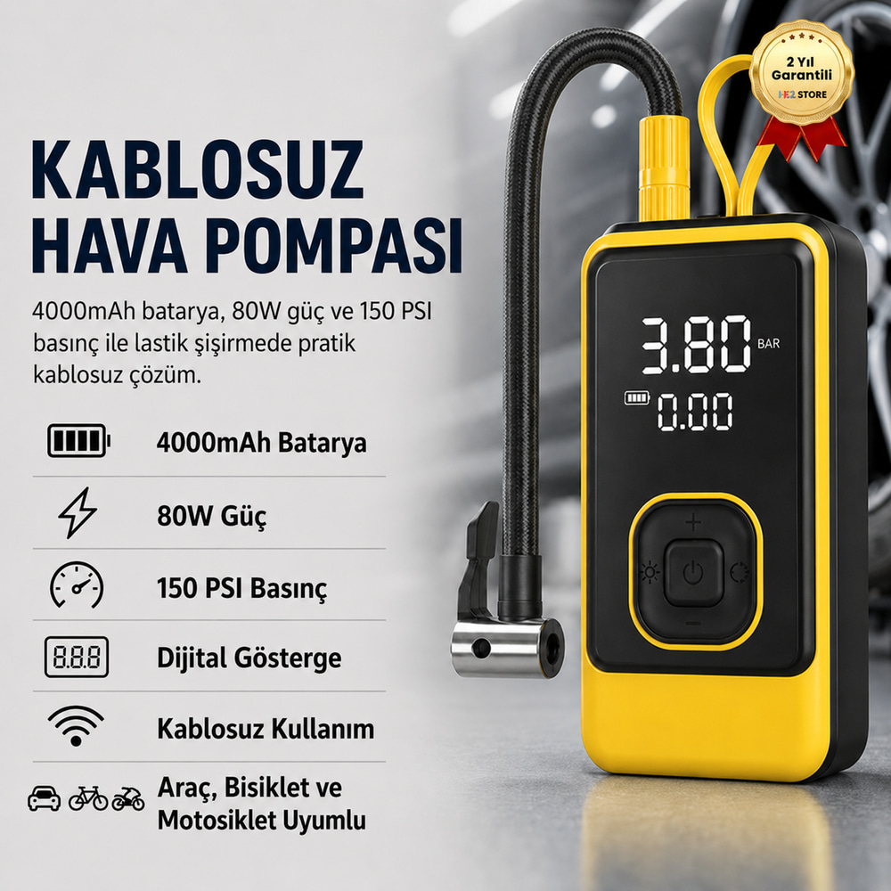 4000mAh Kablosuz Dijital Göstergeli Taşınabilir Araç Lastik Şişirme Kompresörü Hava Pompası
