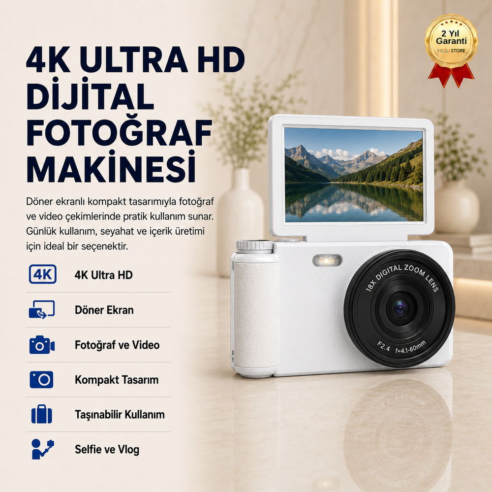 4K Ultra HD Dijital Fotoğraf Makinesi Döner Ekranlı Kompakt Kamera