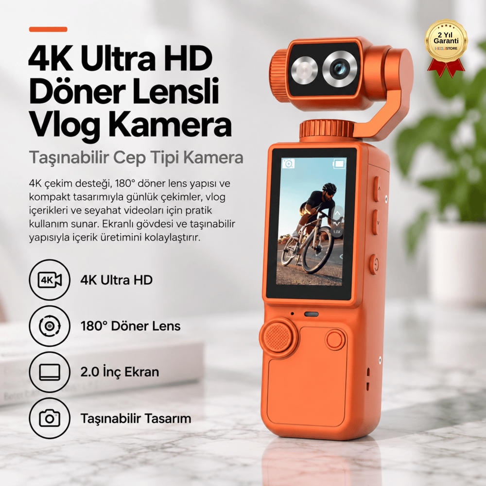 4K Ultra HD Döner Lensli Cep Kamerası 2.0 İnç Ekranlı Taşınabilir Vlog Kamera