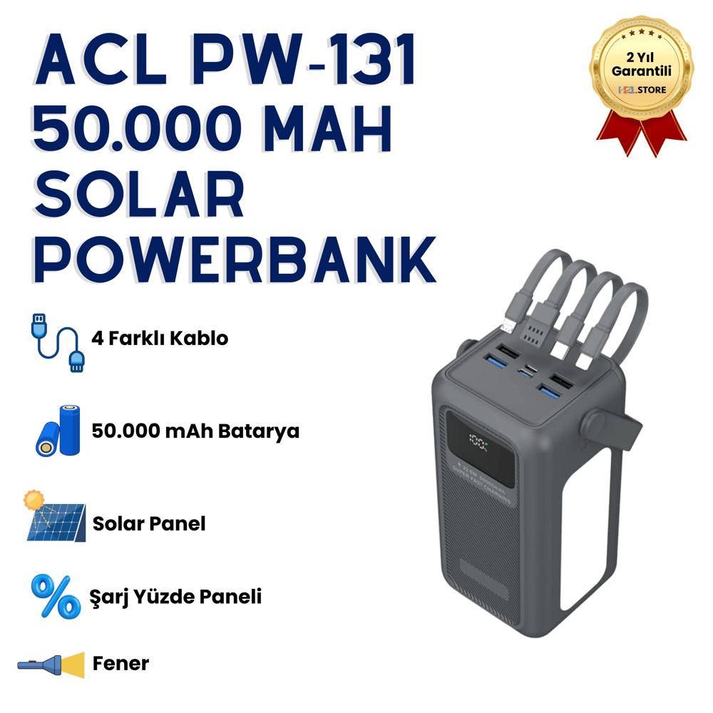50.000mAh Dijital Göstergeli Çoklu Kablolu Taşınabilir 22.5W Hızlı Şarjlı 3 Mod Fenerli Powerbank Kamp Uyumlu Dayanıklı 5 Cihazı Aynı Anda Şarj Edebilir