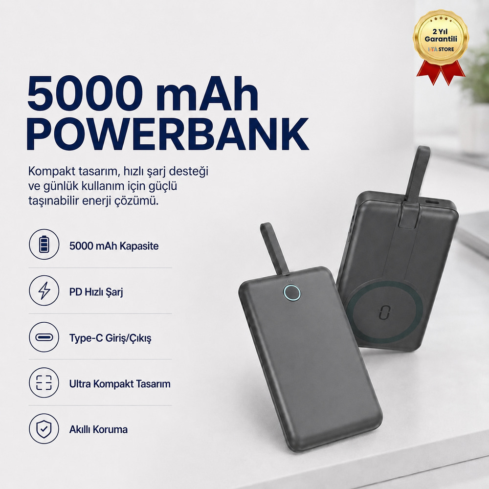 5,000 mAh Powerbank Taşınabilir Hızlı Şarj, Type-C Uyumlu Kompak Güçlü Performans Hafif