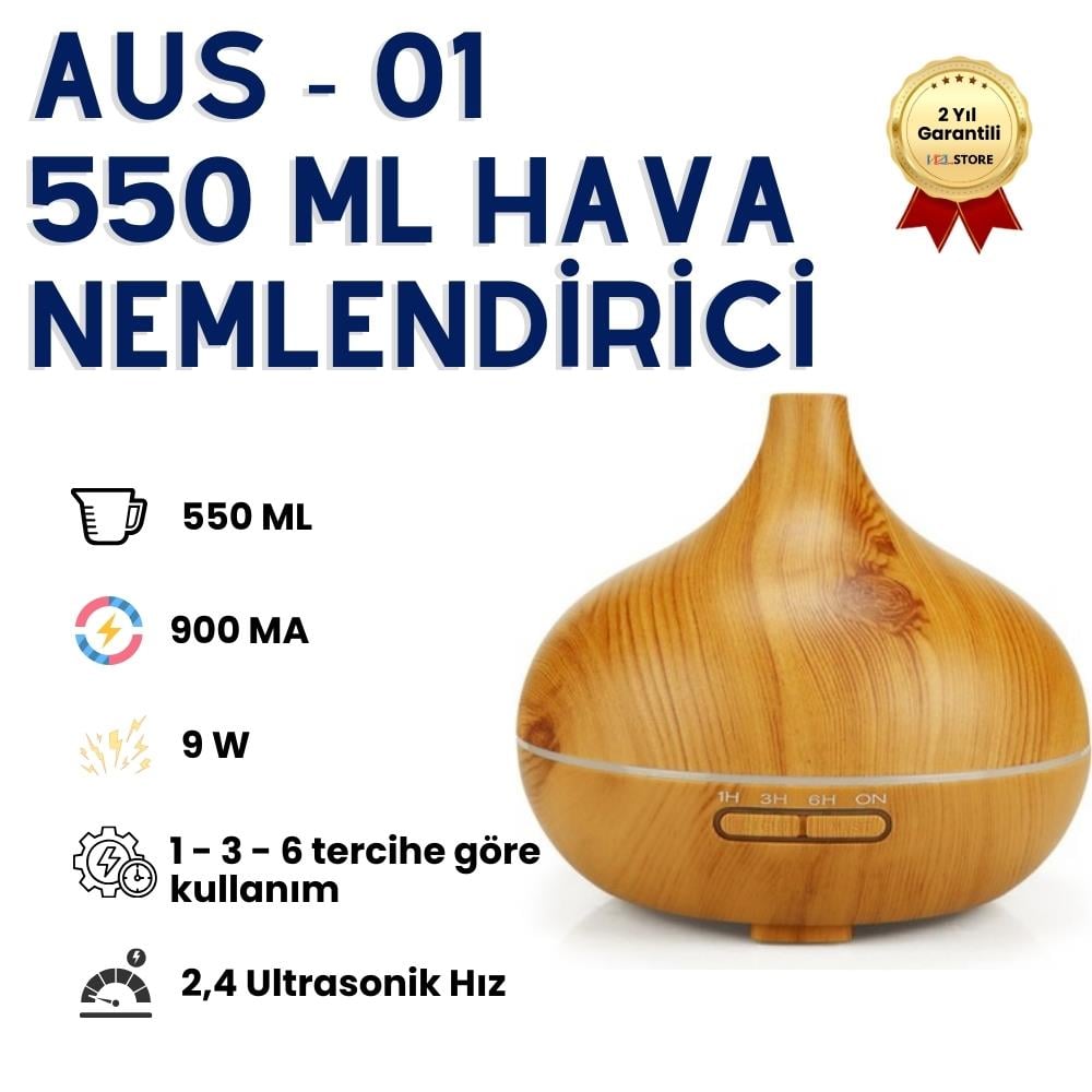 AUS-01 550 ml Büyük Kapasiteli Sessiz Çalışan Akıllı Hava Nemlendirici, LED Işıklı, Zaman Ayarlı, Otomatik Kapanma Özellikli Ultra Sonik Buhar Makinesi