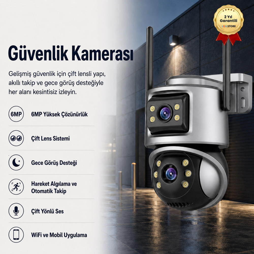 Güvenlik Kamerası 6MP Çift Lensli Mini PTZ WiFi – Gece Görüşlü Hareket Takipli Akıllı Kamera