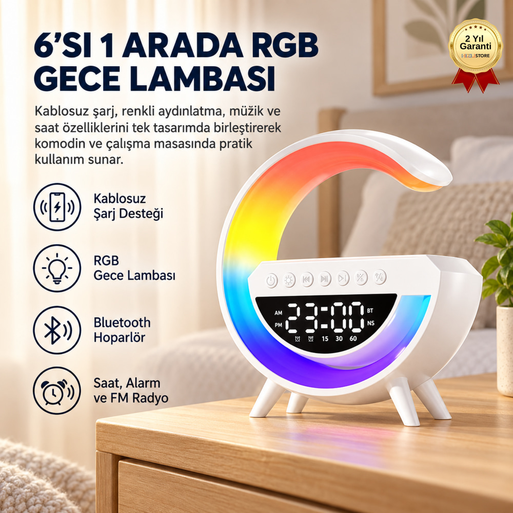 6sı 1 Arada Kablosuz Şarjlı RGB Gece Lambası Bluetooth Hoparlör ve Alarm Saat