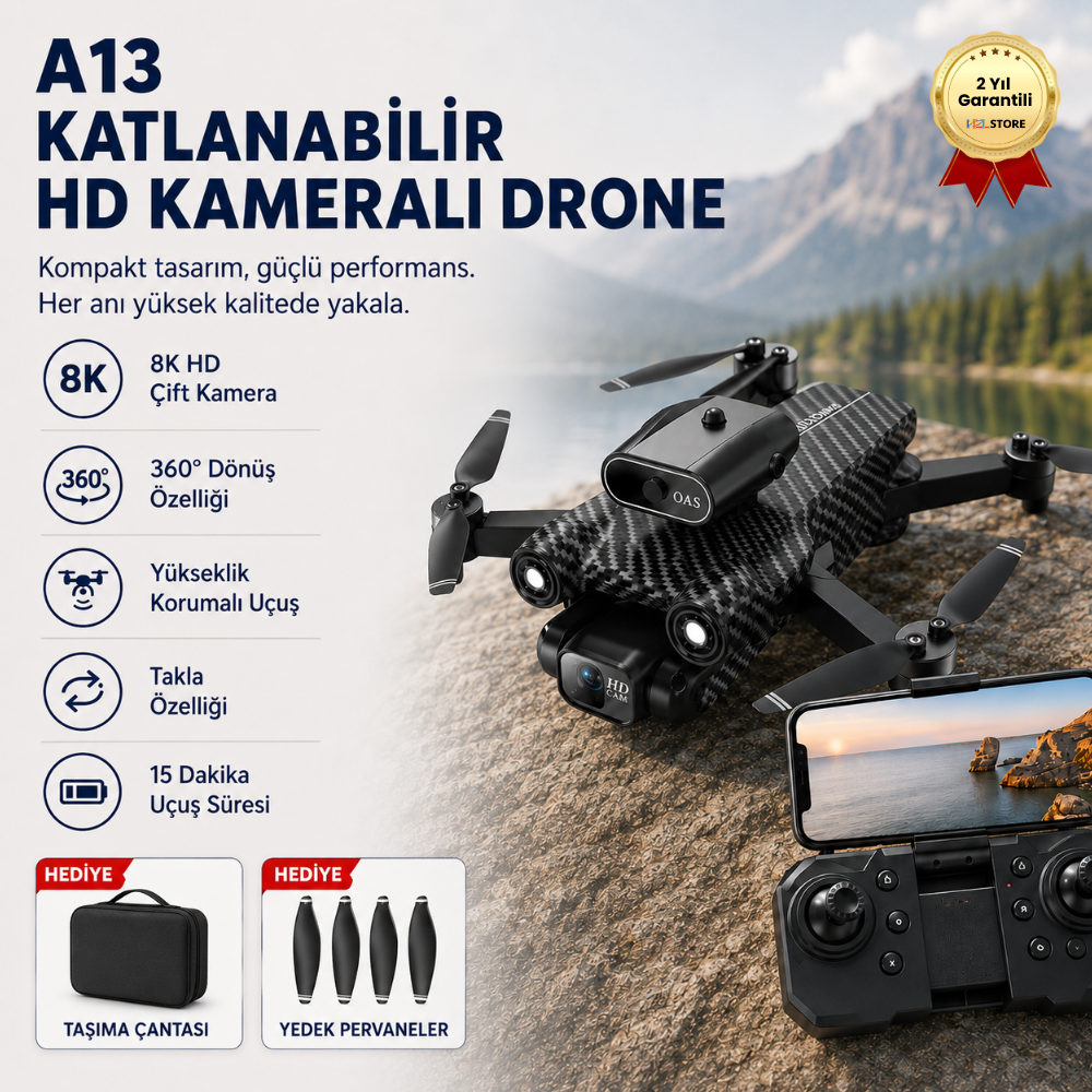 Drone Katlanabilir HD Kameralı Yükseklik Korumalı 360° Dönüş Özellikli  A13 Drone