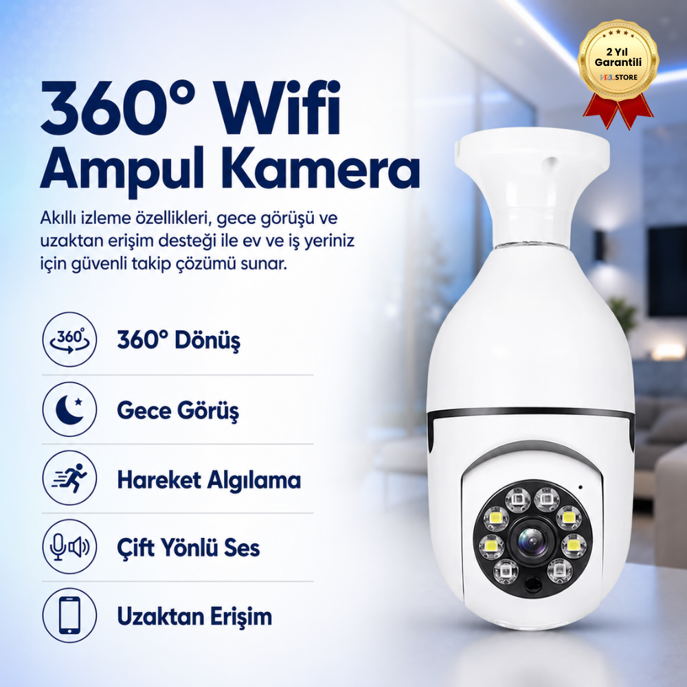 Akıllı Kablosuz IP Kamera Wifi 360 Derece Hareketli Gece Görüş Ses Kayıtllı Ampul Kamera Güvenlik Kamerası
