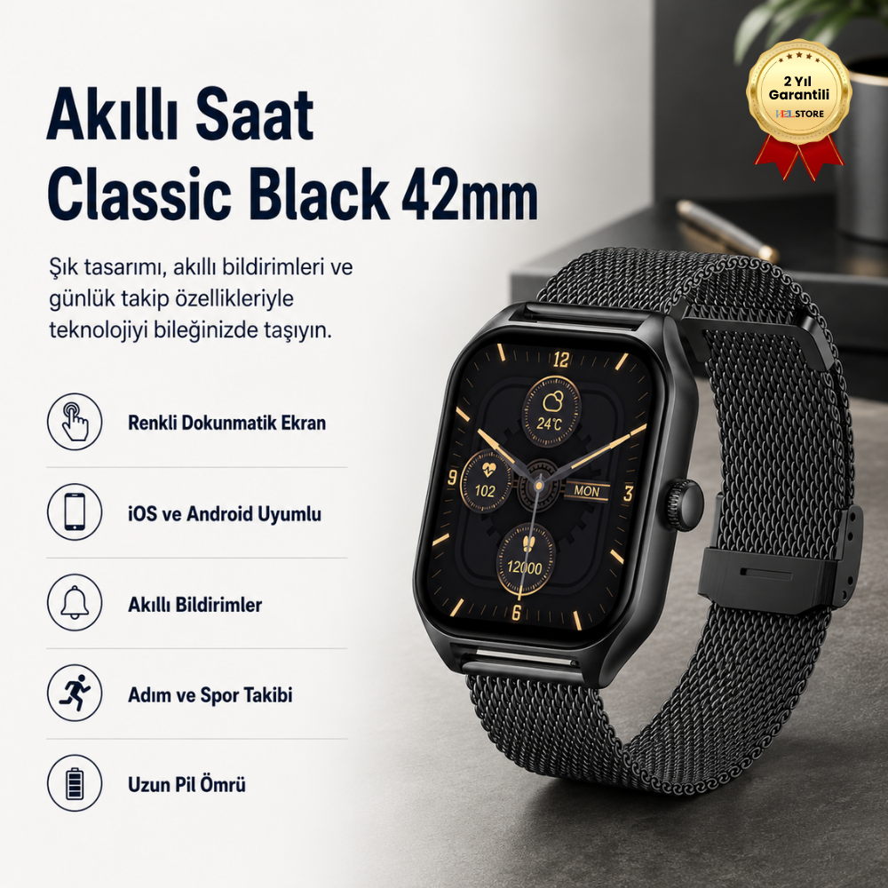 Akıllı Saat Classic Black 42mm - Çoklu Fonksiyonlu Kare Tasarım