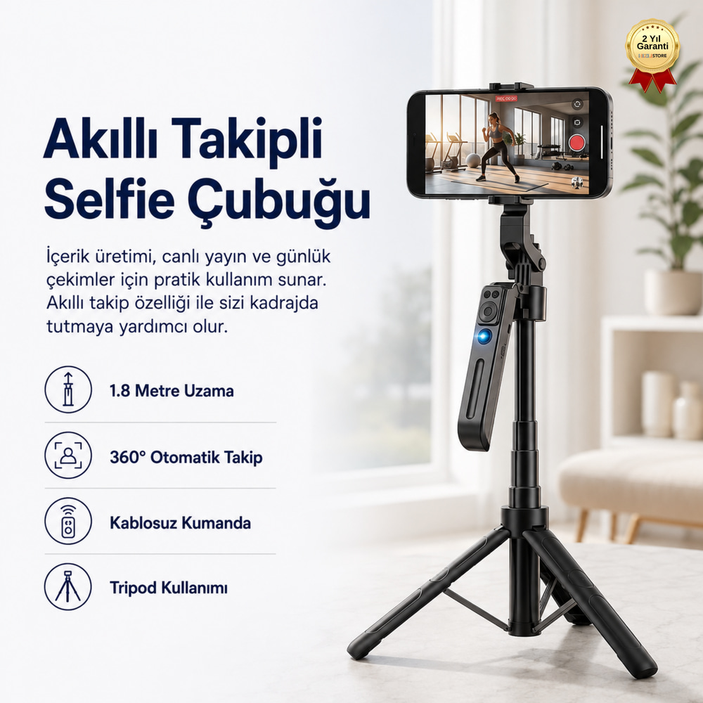 Akıllı Takipli Selfie Çubuğu 1.8 Metre 360° Döner Kumandalı Telefon Tripodu