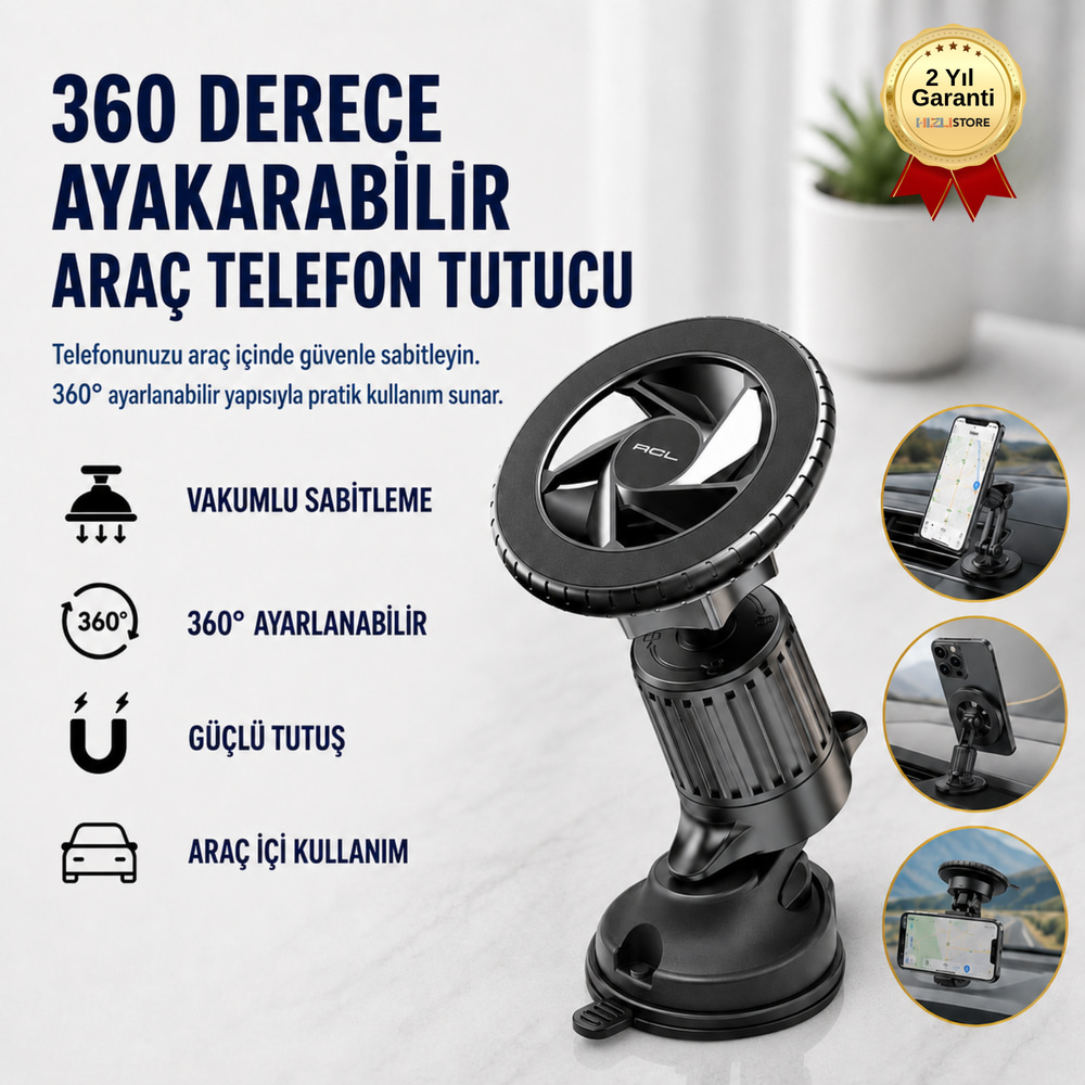 Araç Telefon Tutucu Vakumlu 360 Derece Ayarlanabilir Sabitlenebilir Telefon Aparatı