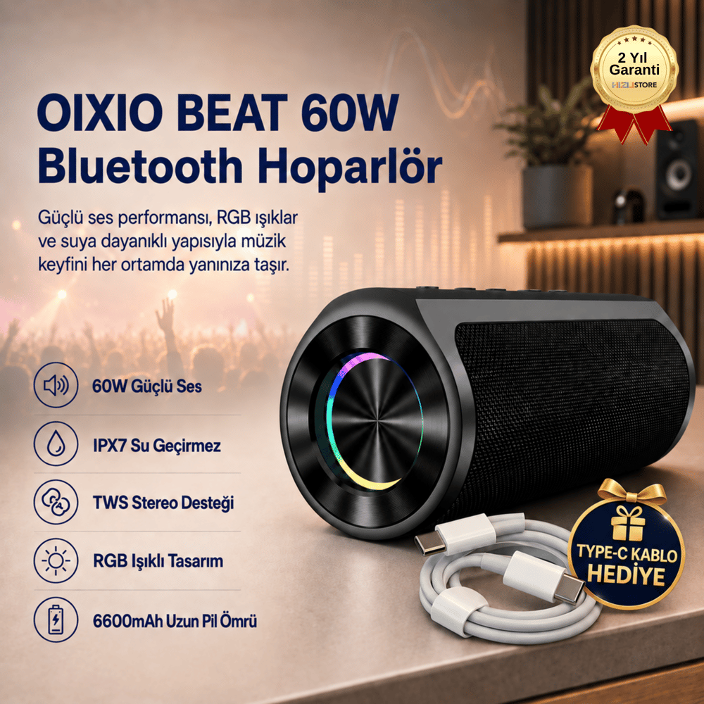 BEAT 60W Su Geçirmez ipx7 Bluetooth AUX Sd Card Usb Yüksek Ses Kaliteli Hoparlör RGB Speaker