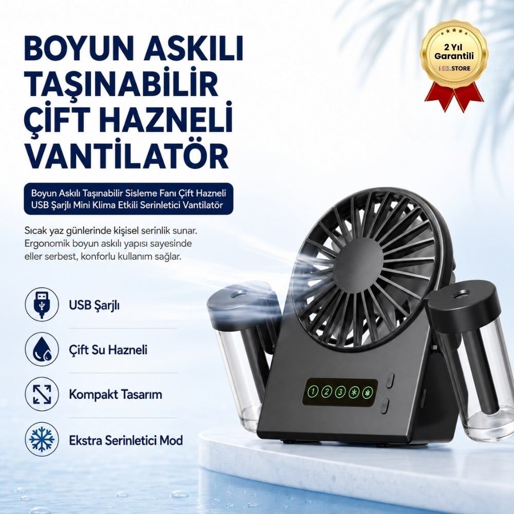 Boyun Askılı Taşınabilir Sisleme Fanı Çift Hazneli USB Şarjlı Mini Klima Etkili Serinletici Vantilatör