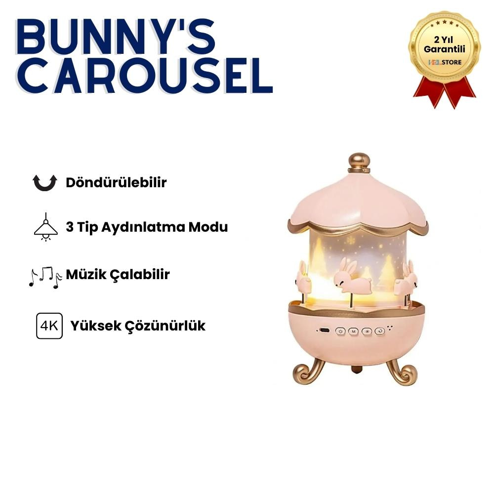 BUNNYS CARROUSEL Dönen Işıklı Müzikli Gece Lambası, Tavşan Figürlü Karusel Oyuncak, Çocuk Odası Dekoru, Hediye Seçeneği | HZLSTORE